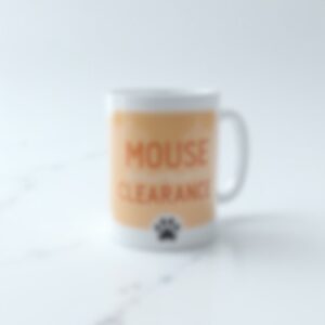 Mouse Clearance Cat Mug - white ceramic mug with orange text